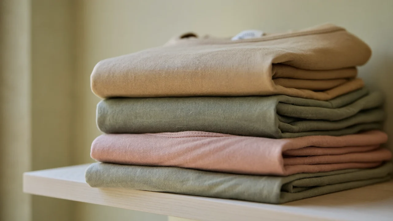 Pile de hauts et leggings en coton, avoine, sauge et rose poudré, sur une étagère claire.