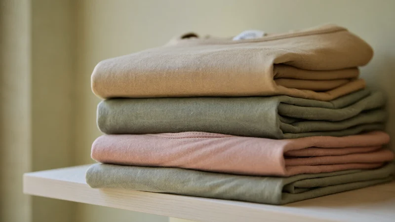 Pile de hauts et leggings en coton, avoine, sauge et rose poudré, sur une étagère claire.