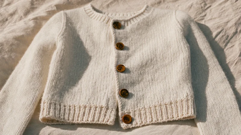 Petit gilet de bébé en laine crème à boutons en bois, posé sur du lin.