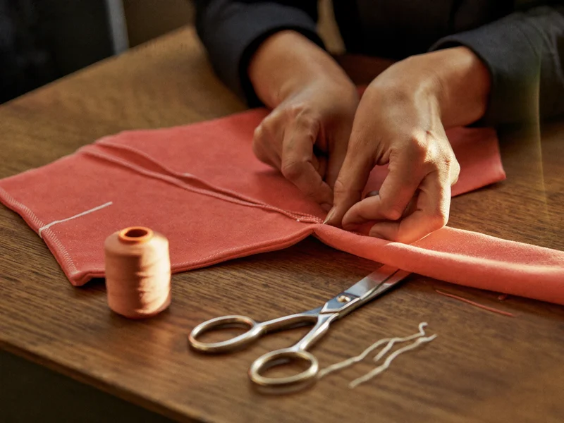 Mains d'une couturière ourlant un minuscule vêtement d'enfant sur une table en bois.